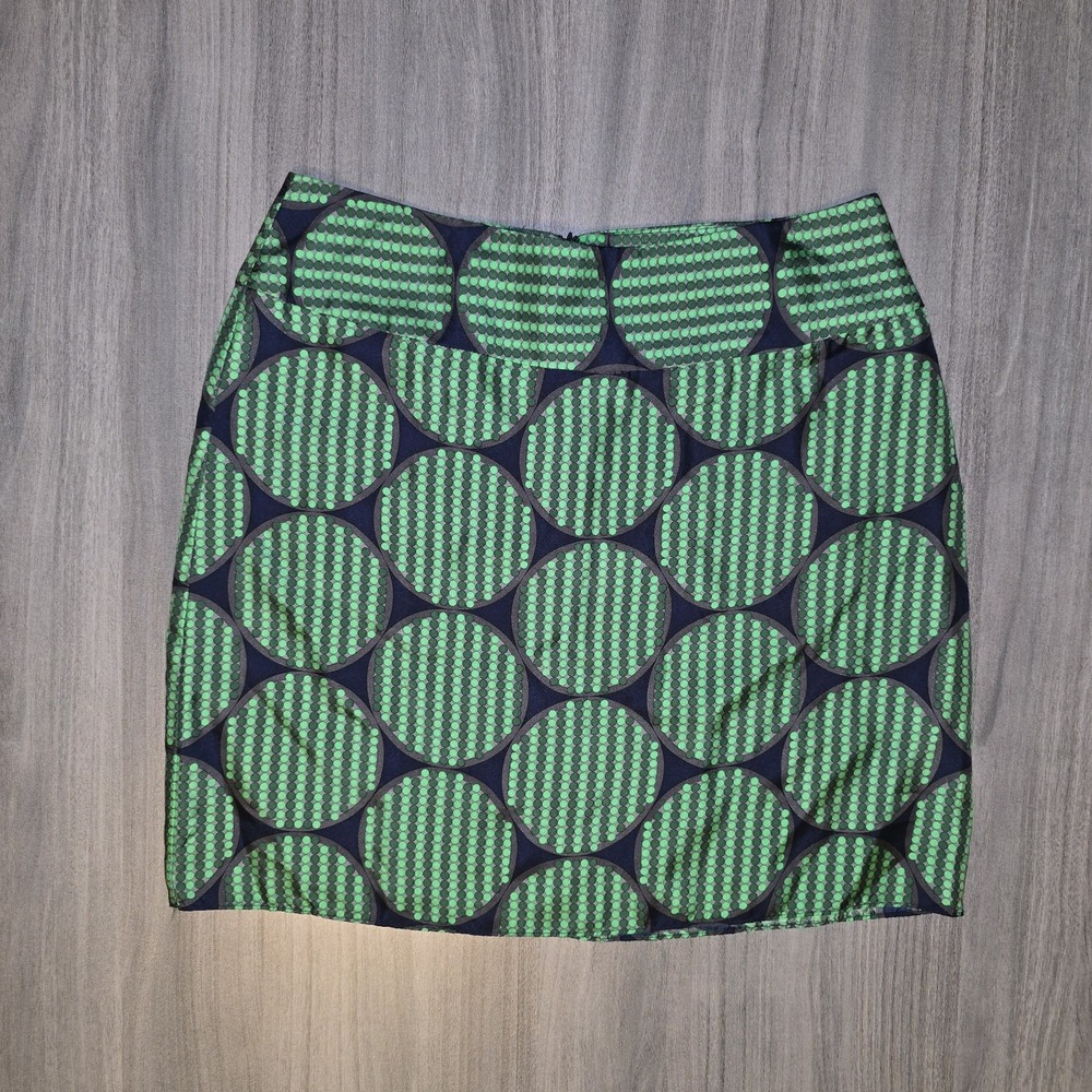 Boston Proper Navy Green Polka Dot Circle Geometric Mod 100% Silk Mini Skirt Sz6